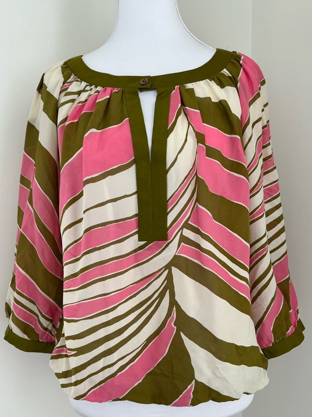 Trina Turk - Olive, Pink and Cream Striped Keyhole Peasant Blouse